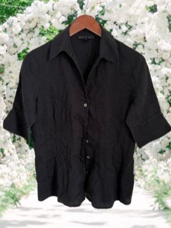 Lafayette 100% Linen Black Button-Down Shirt Size 6 Short Sleeve Lightweight Chi - Picture 1 of 7